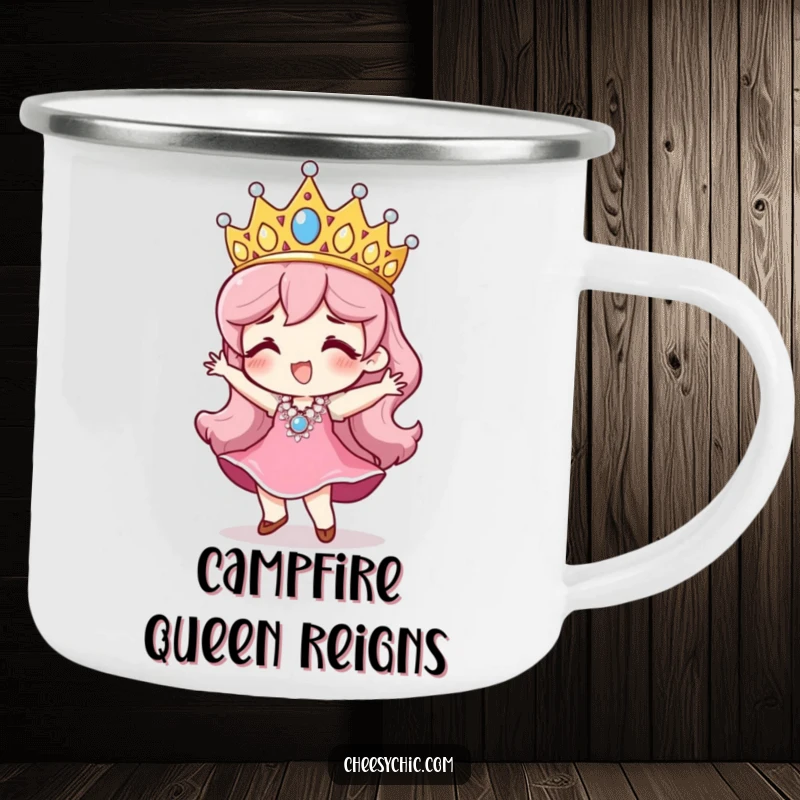 Funny camping mug depicting a character with a large, sequined tiara, joyfully dancing, perfect for outdoor celebrations and a touch of glam.