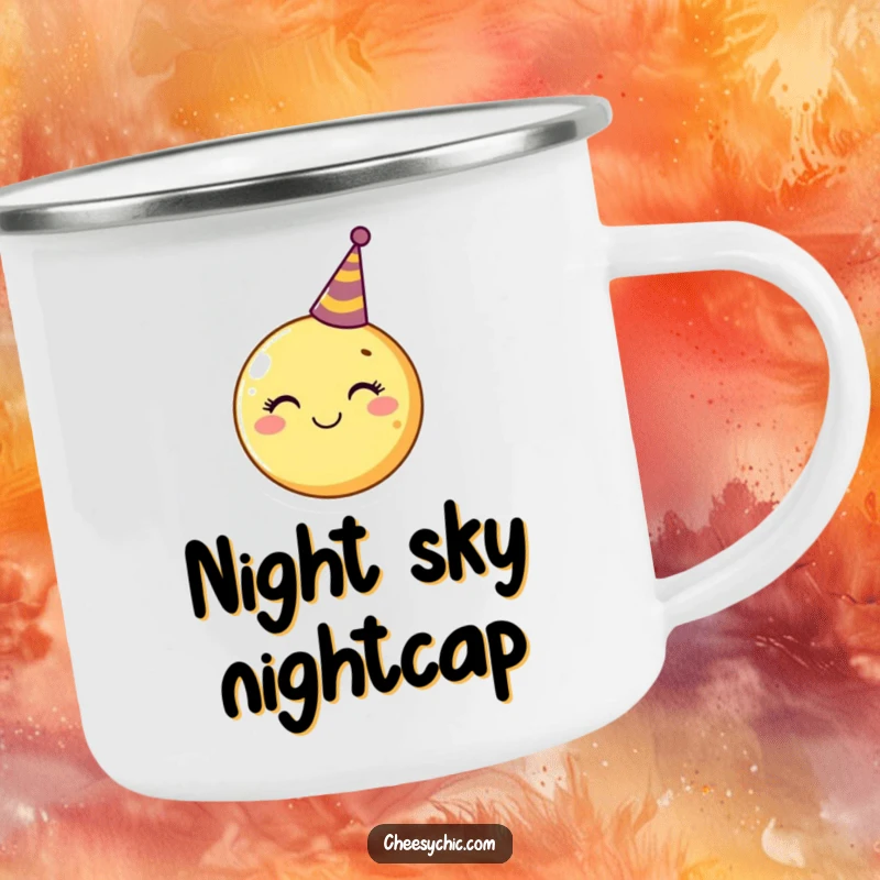 Funny Camping Mug featuring a smiling moon with a tiny party hat, perfect for enjoying drinks during outdoor adventures.