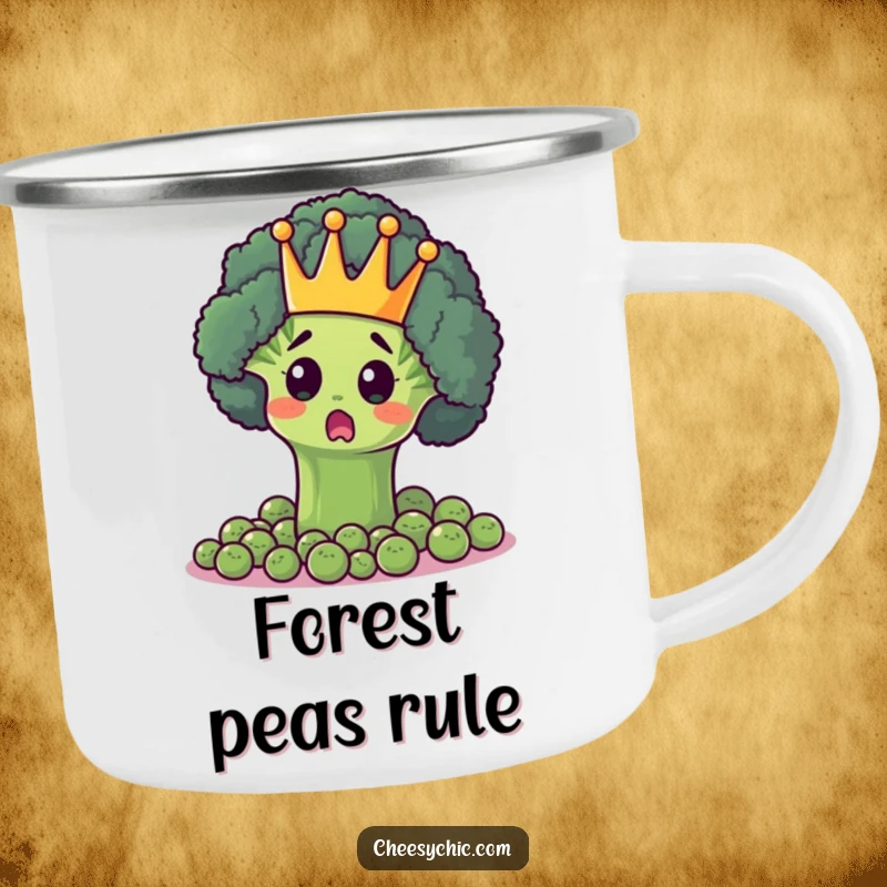 Funny enamel camping mug with a surprised broccoli floret wearing a crown, ruling over peas, perfect for outdoor royalty.