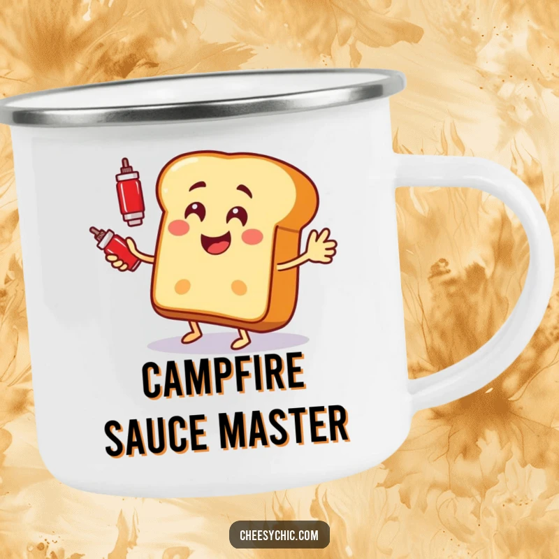 Funny camping mug with an anthropomorphic bread slice juggling ketchup bottles in an outdoor setting.