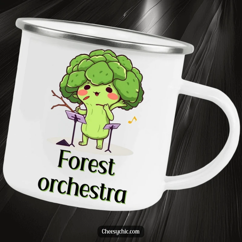 Funny camping mug with an adorable anthropomorphic broccoli conducting an invisible orchestra with a twig, ready for outdoor performances.