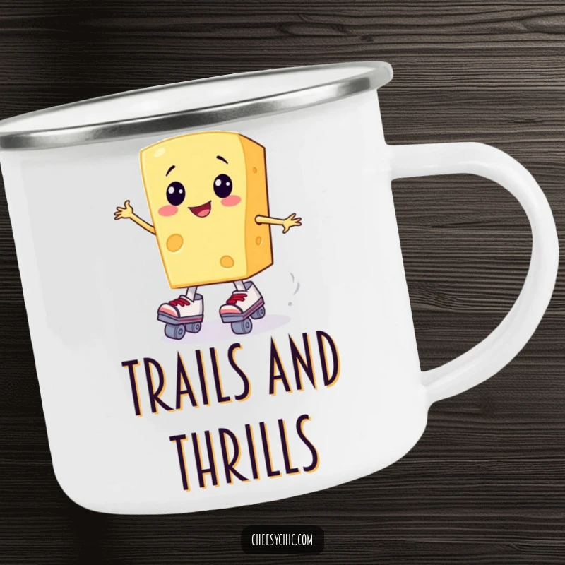Funny camping mug with an anthropomorphic cheese slice wobbling on roller skates, ready for adventure.
