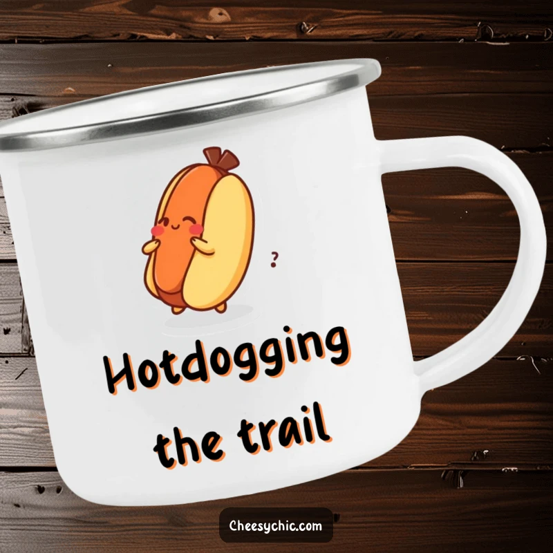 Funny Camping Mug featuring a dizzy hot dog character spinning on its bun, perfect for energetic outdoor fun.