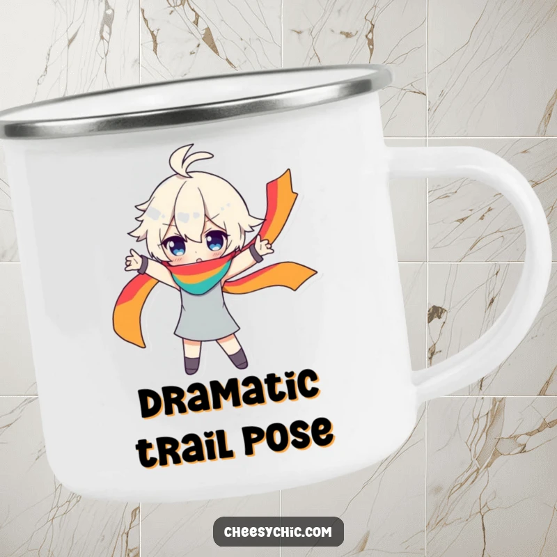 Funny camping mug showing a character in a dramatic pose, a rainbow scarf flowing, perfect for enjoying the outdoors with flair.