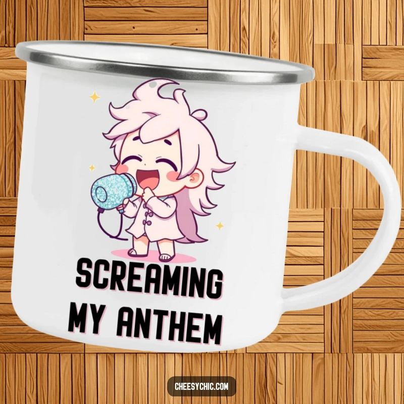 Funny camping mug featuring a character belting out notes with a colossal, glitter-covered microphone, ideal for outdoor enthusiasts.