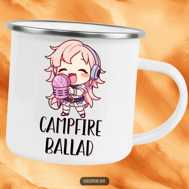 Funny Camping Mug: Character singing loudly with a huge glitter microphone, humorous and durable outdoor mug.