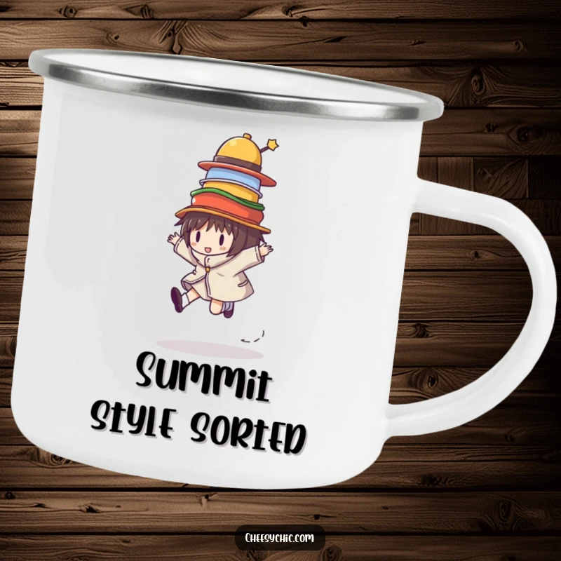 Funny camping mug featuring a character skipping with a stack of colorful hats, ideal for outdoor enthusiasts with a sense of humor.