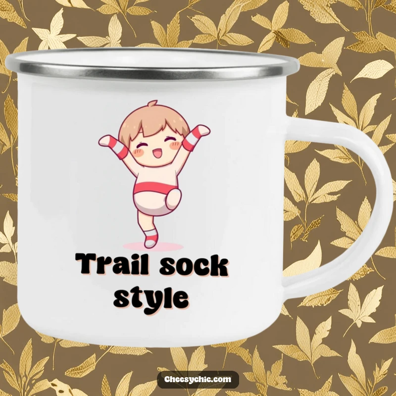 Funny Camping Mug: Character in mismatched socks, joyfully cartwheeling, humorous and durable outdoor mug.