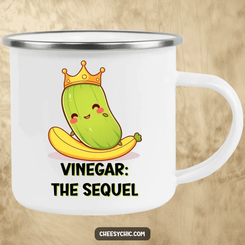 Funny camping mug with a cartoon pickle in a crown hilariously slipping on a banana peel, ideal for outdoor humor.