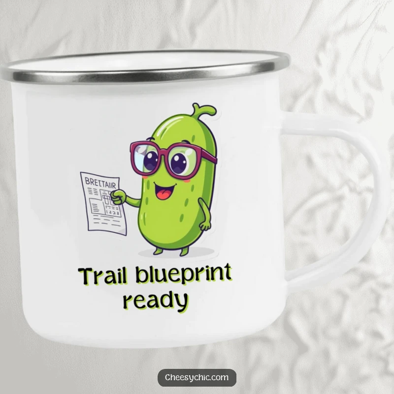 Funny camping mug with a pickle wearing glasses, pointing at a blueprint in a nature setting.