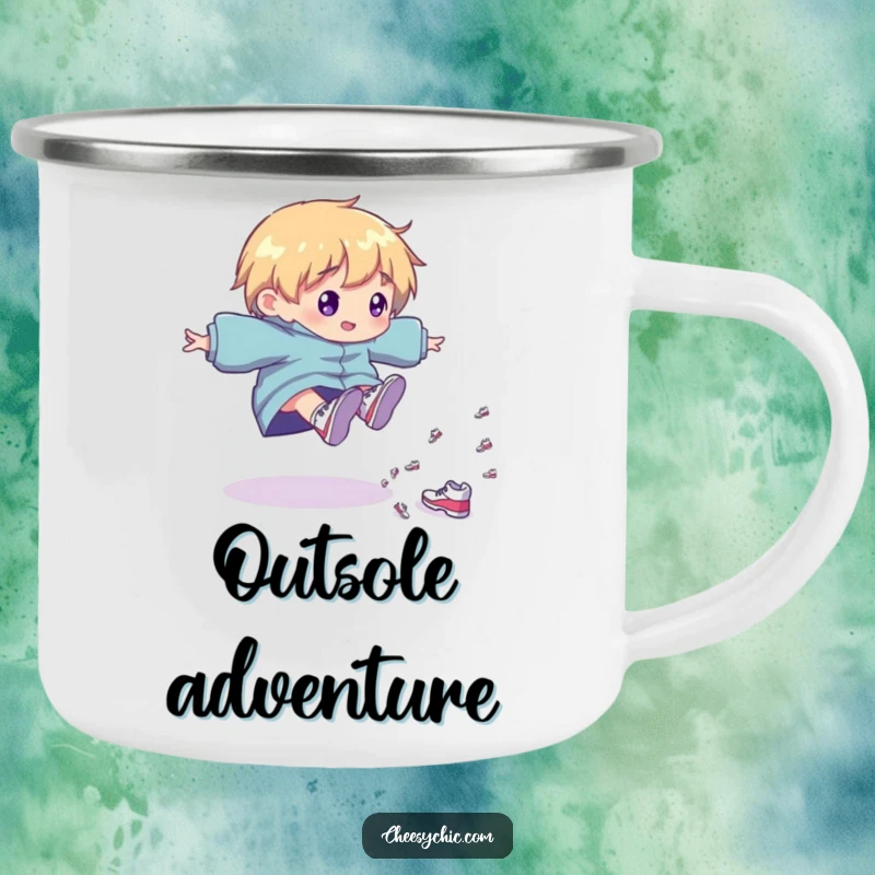 Funny Camping Mug: Character tripping playfully, scattering tiny shiny shoes, a humorous and durable outdoor mug.