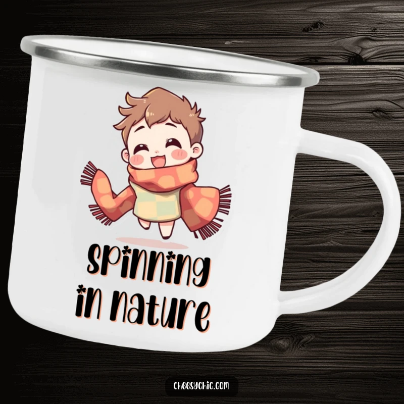 Funny Camping Mug: Character wearing a brightly patterned scarf, spinning with delight, humorous and durable.