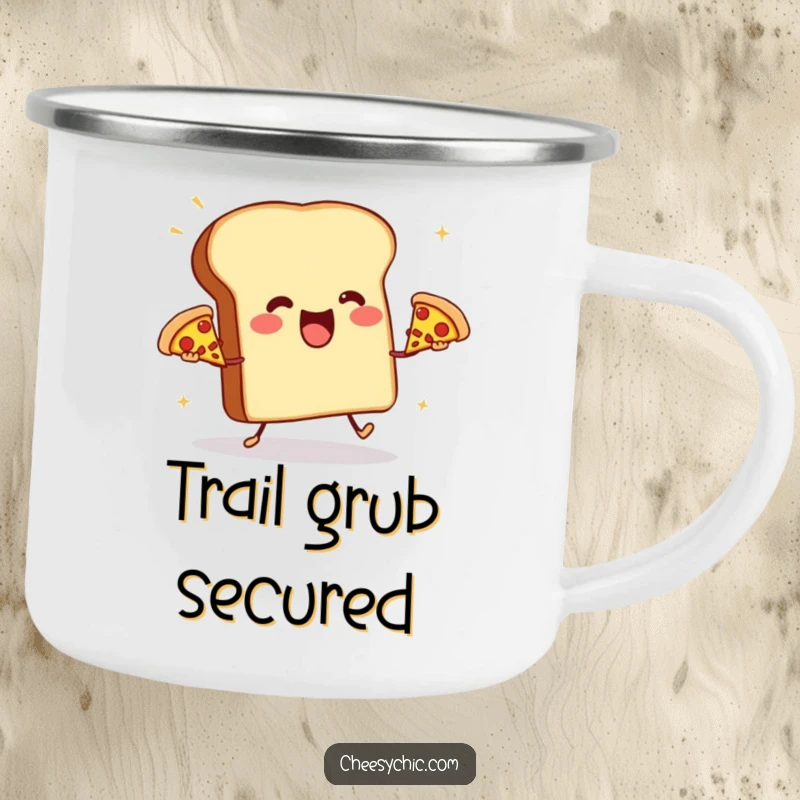 Funny camping mug with a happy toast aggressively juggling three miniature pizzas, perfect for outdoor adventures and humor.