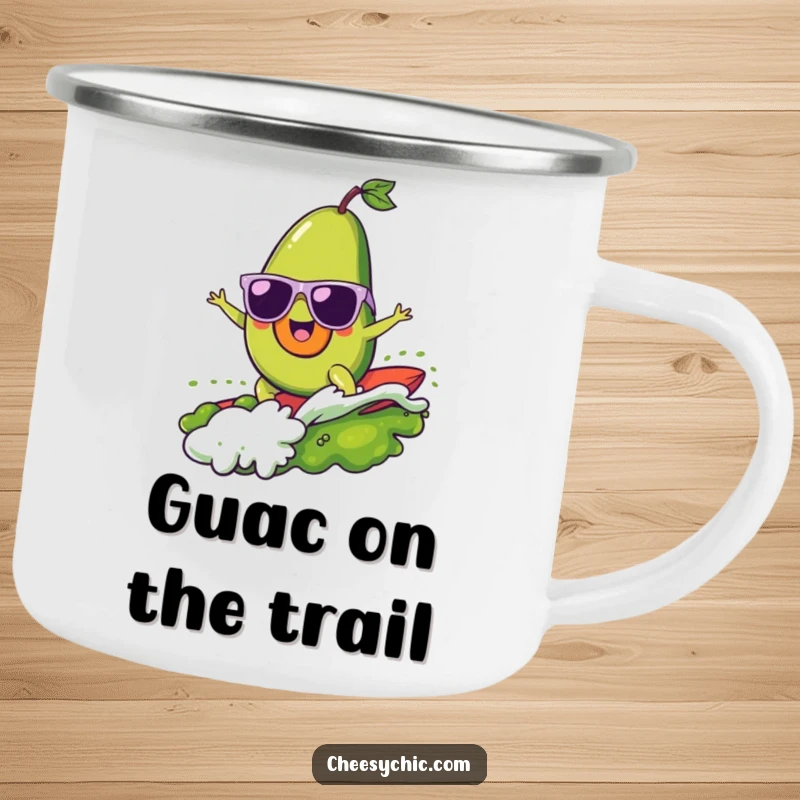 Funny enamel camping mug with a cheerful avocado wearing sunglasses, surfing a guacamole wave, perfect for outdoor enthusiasts.