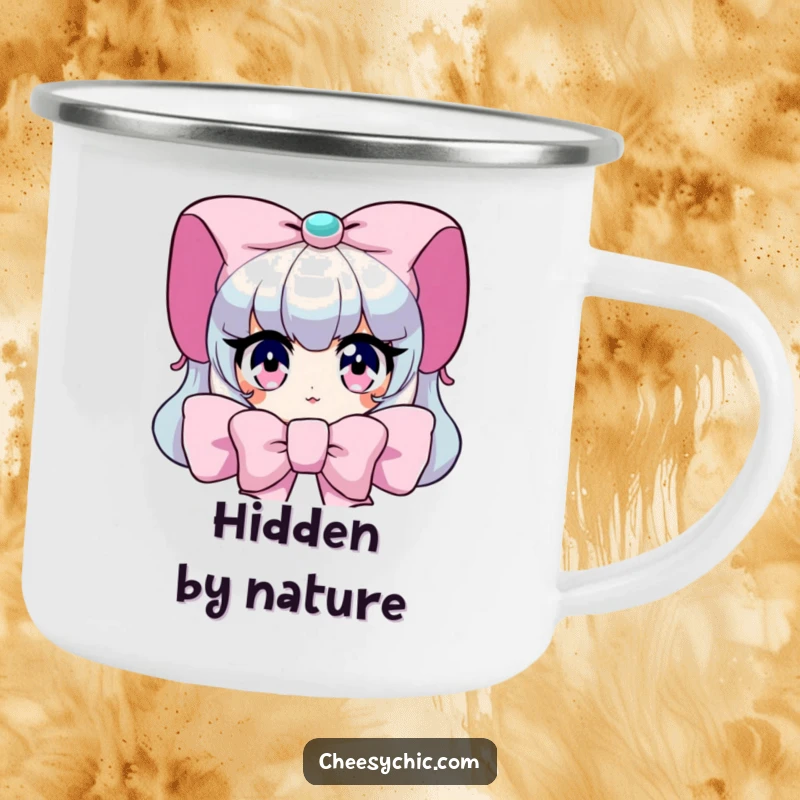 Funny Camping Mug: Character peeking from behind a giant bow, with wide, sparkling eyes, humorous and durable.