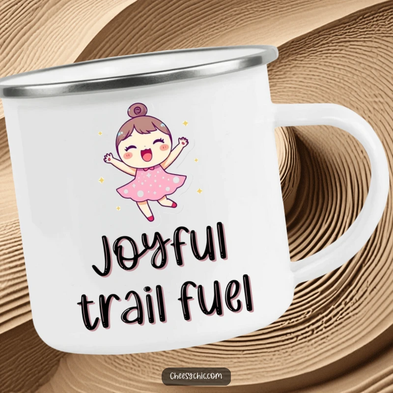 Funny camping mug depicting a small, round character in a sparkly dress, joyfully bouncing with outdoor enthusiasm and a cheerful spirit.