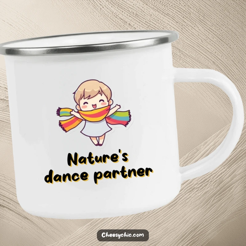 Funny Camping Mug with a small stylized character joyfully dancing, their flowing rainbow scarf adding a splash of color.