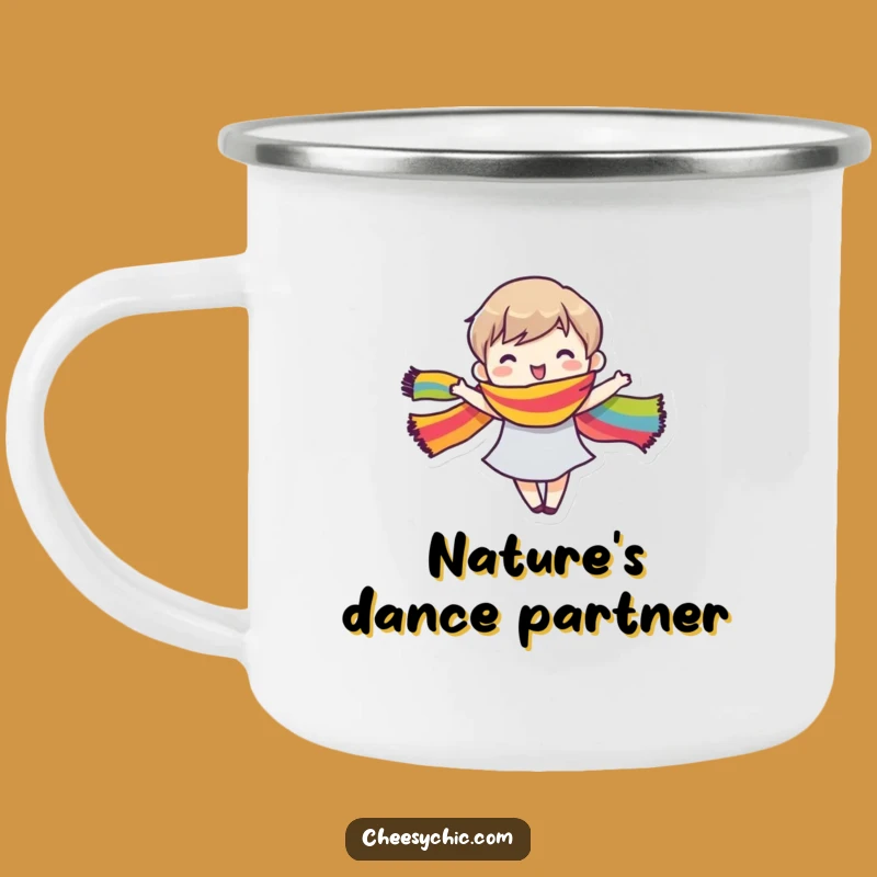 Funny Enamel Mug: Dancing Rainbow Scarf Character, Happy Camper - Great Funny Gift