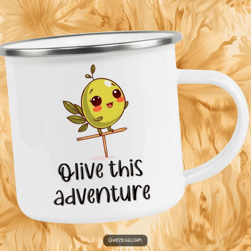 Funny Camping Mug featuring a precarious olive character balancing on a toothpick, perfect for witty outdoor enthusiasts.