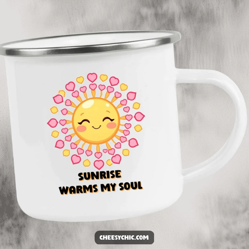 Funny Camping Mug featuring a winking sun with rays made of tiny hearts, perfect for enjoying drinks outdoors.