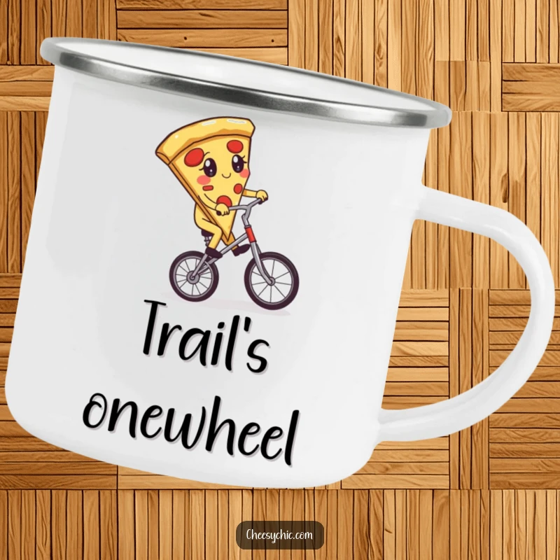 Funny camping mug with an adorable anthropomorphic pizza slice attempting to ride a unicycle, perfect for outdoor adventures and humor.