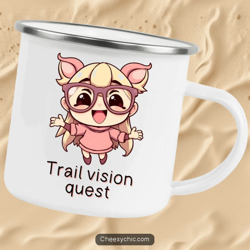 Funny camping mug showing a character with oversized, flamboyant glasses, joyfully leaping, ready for outdoor fun and adventures.