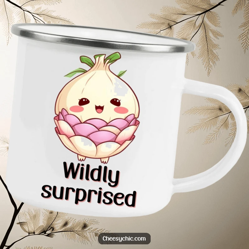 Funny camping mug showcasing a cute anthropomorphic onion with its layers peeling back in a comical expression of surprise, great for outdoors.