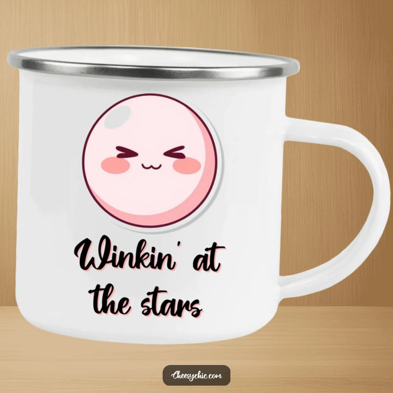 Funny Camping Mug: A round pink character with rosy cheeks winking mischievously. Ideal funny outdoor gift.