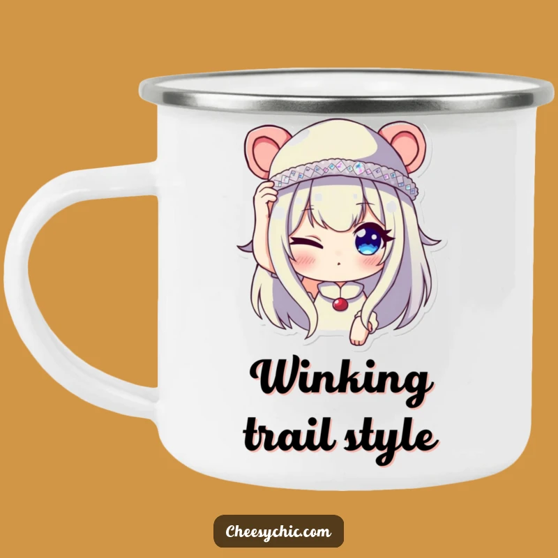 Funny Winking Character Camping Mug - Sequined Hat Outdoor Fun