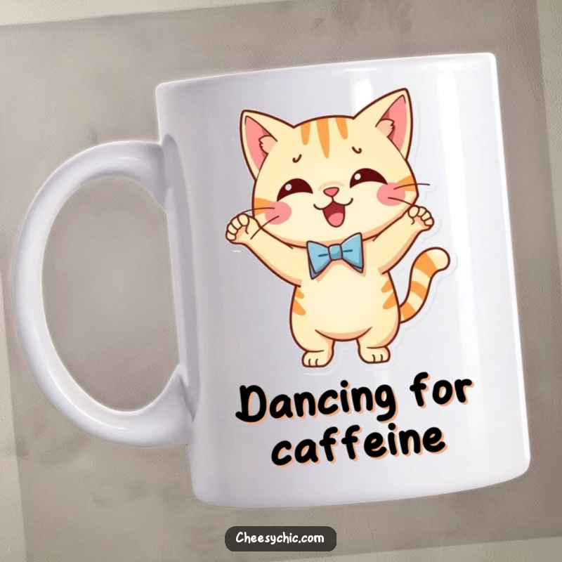 Funny mug depicting a cute cat character wearing a tiny bow tie and performing an energetic, silly dance with joyful abandon.