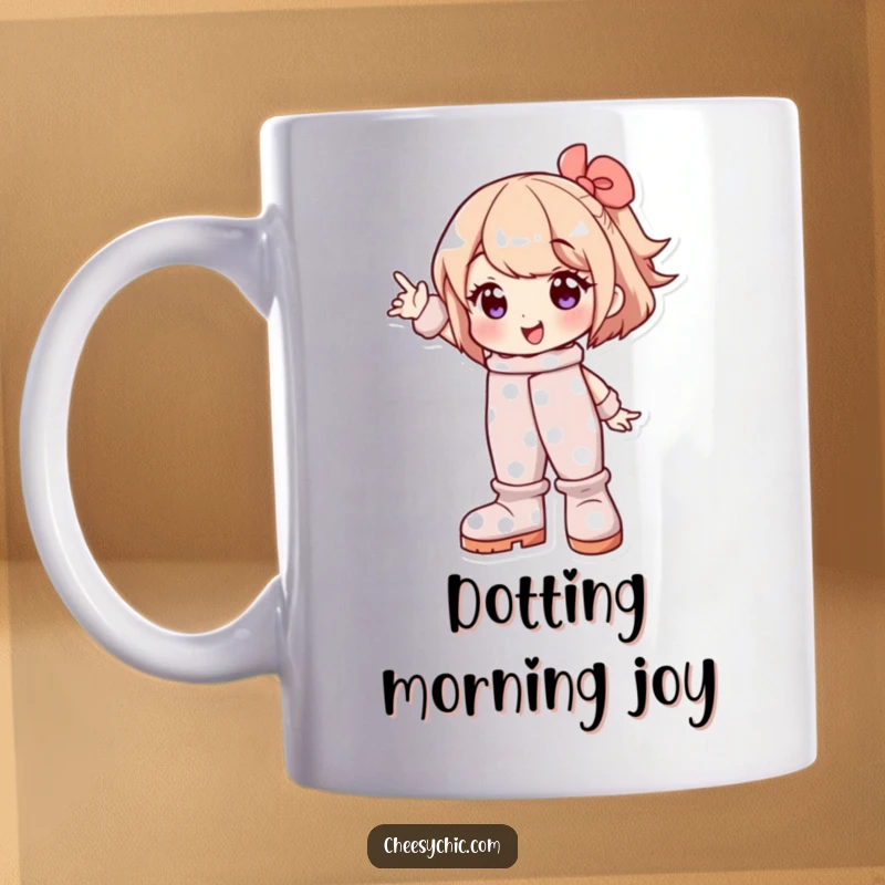 Funny mug featuring a character in oversized polka dot boots, striking an exaggeratedly cheerful pose, embodying confidence and humor.