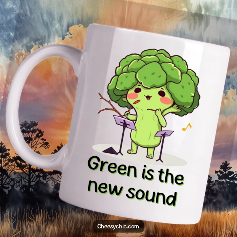 Funny mug with an adorable anthropomorphic broccoli comically conducting an invisible orchestra using a tiny twig with passion.
