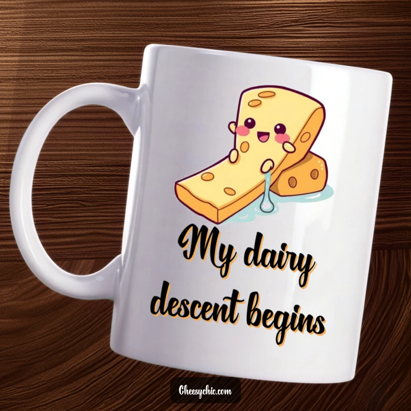Funny Mug featuring a happy cheese slice character joyfully sliding down a cracker like a waterslide, a comical food art.