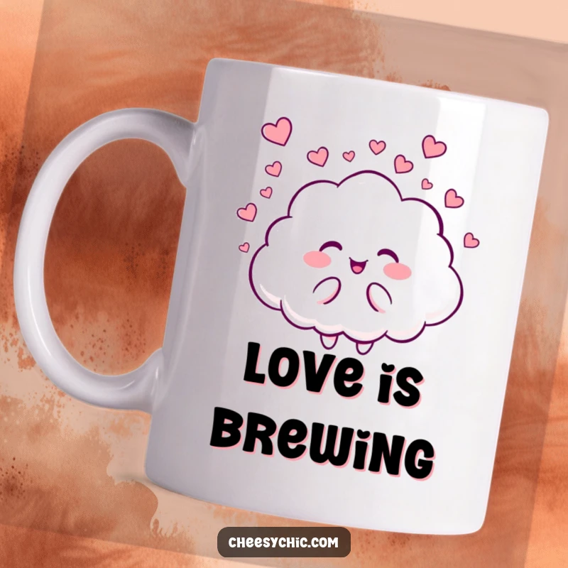 Funny mug depicting a fluffy cloud character giggling heartily while gently raining down tiny, adorable hearts, embodying sweet affection.