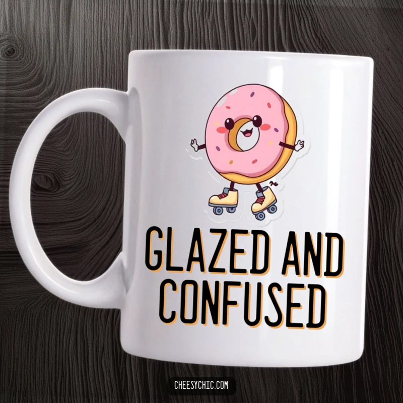 Funny mug with a charming anthropomorphic donut wearing roller skates, wobbling unevenly, embodying sweet, clumsy fun.