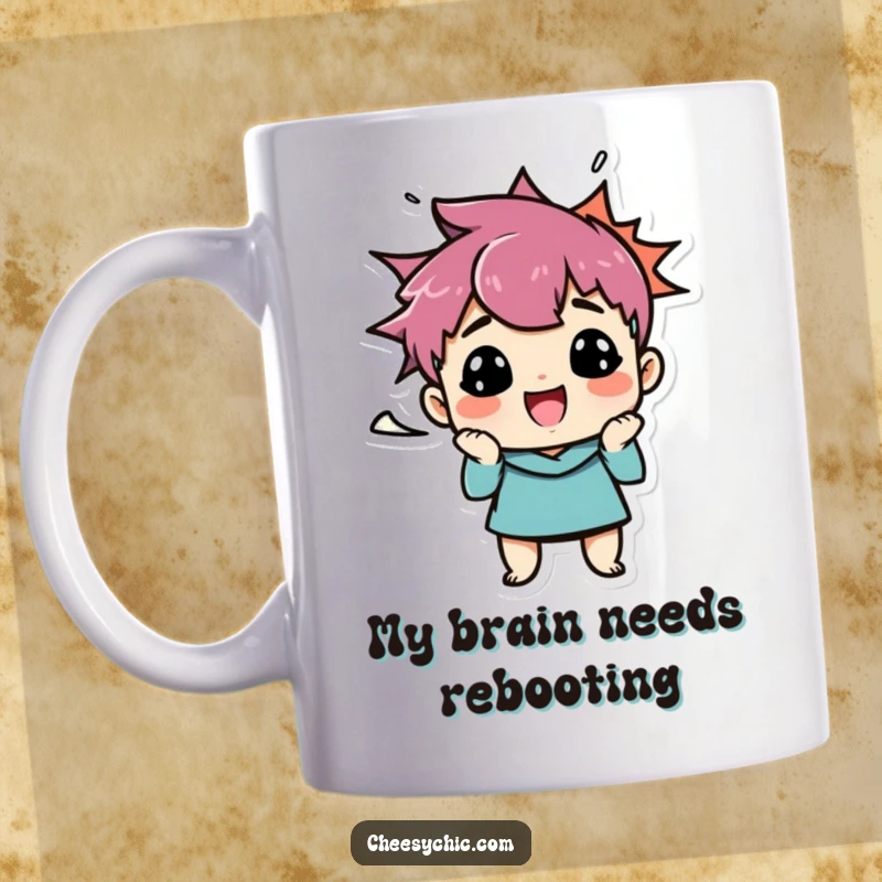 Funny mug showcasing a small, stylized character making a hilariously exaggerated funny face, with a vibrant burst speech bubble expressing its comical mood.