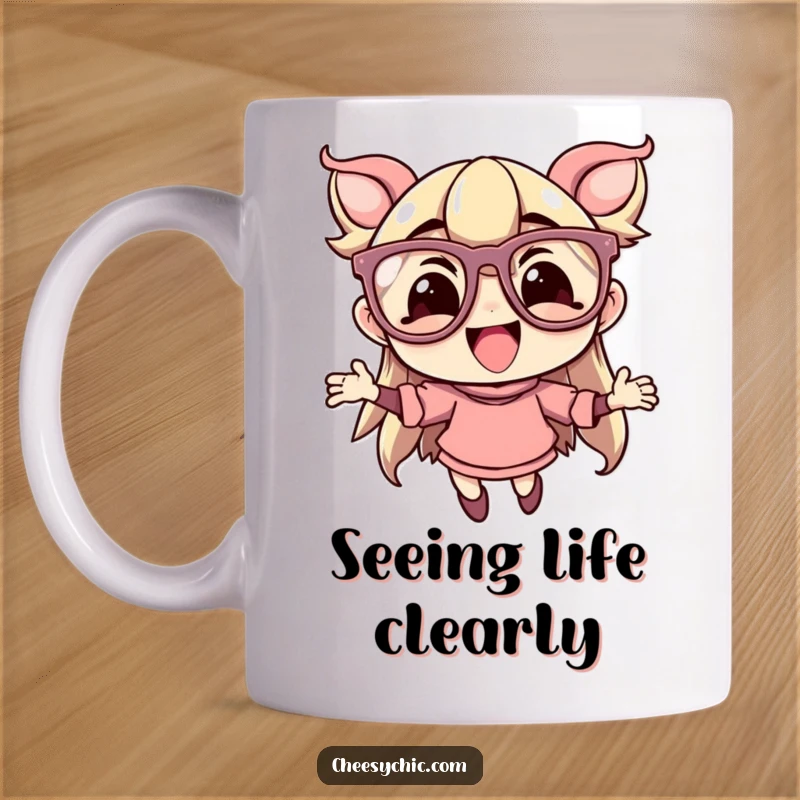 Funny mug with a character sporting oversized, flamboyant glasses, leaping with delight and a playful, enthusiastic expression.