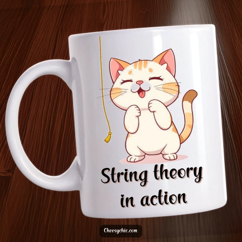 Funny mug of a cute cat intensely batting at a dangling string with extreme focus and concentration, playful humor.