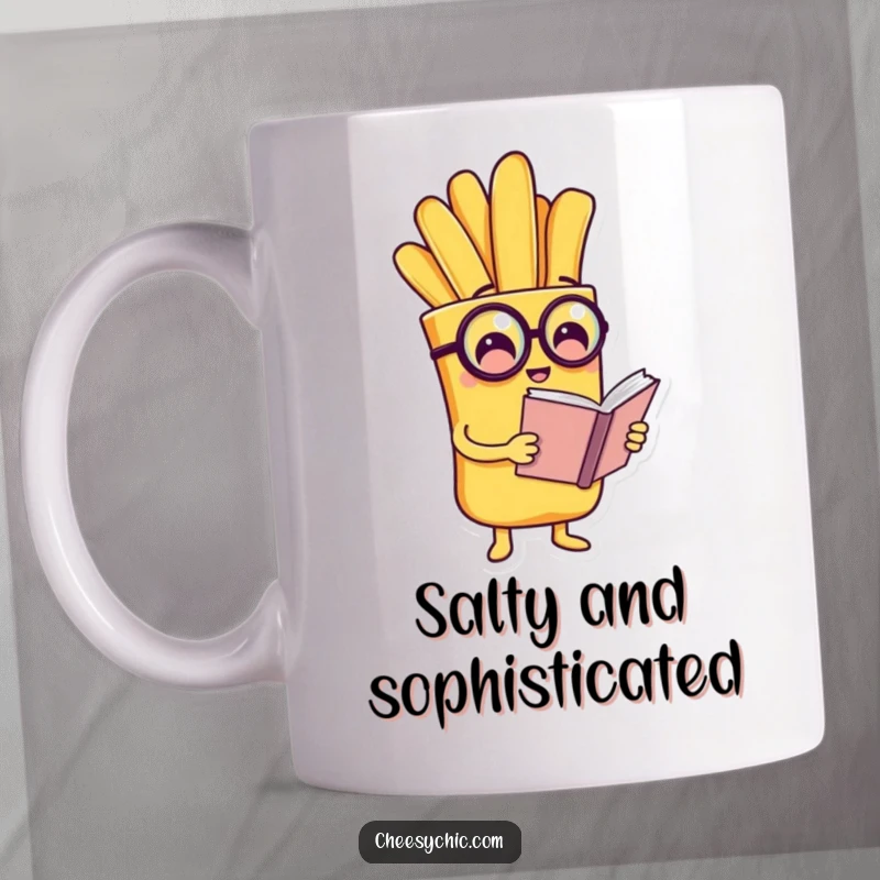 Funny mug with a charming anthropomorphic french fry wearing a monocle and reading a tiny book with studious concentration.