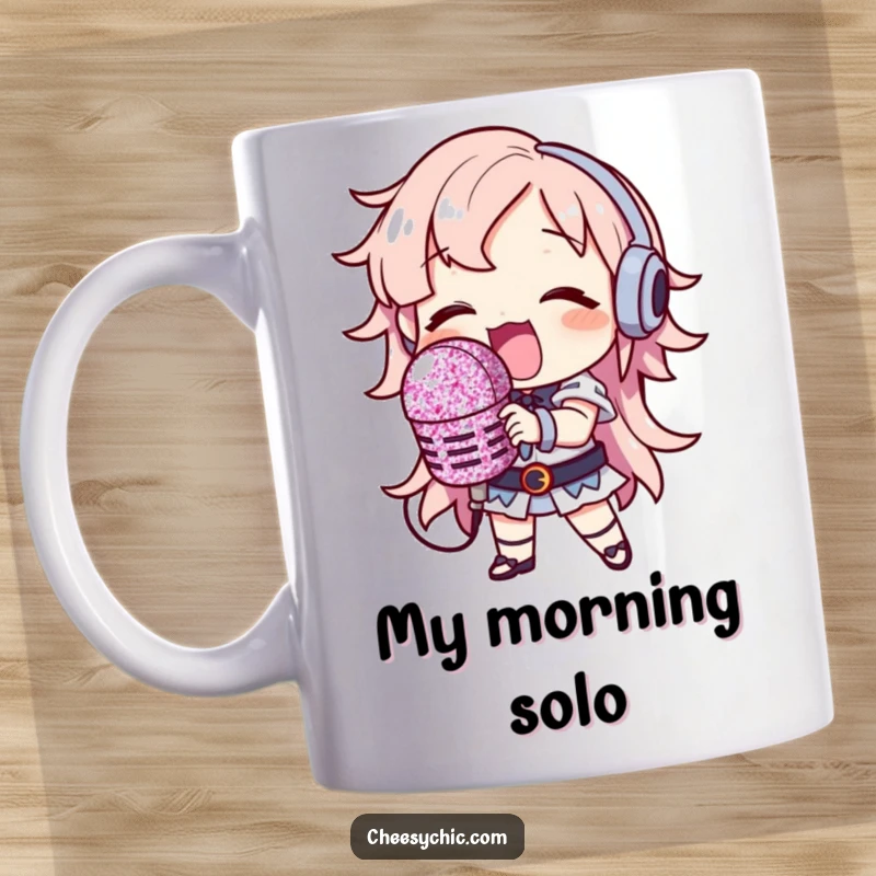 Funny Mug: Character singing loudly with a ridiculously large, glitter-covered microphone, embracing the spotlight.