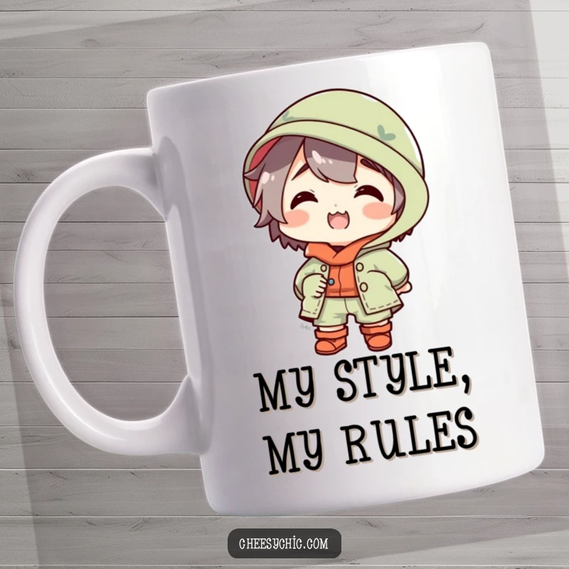 Funny mug showcasing a small stylized character in a spectacularly mismatched outfit, looking utterly delighted and bursting with quirky joy.