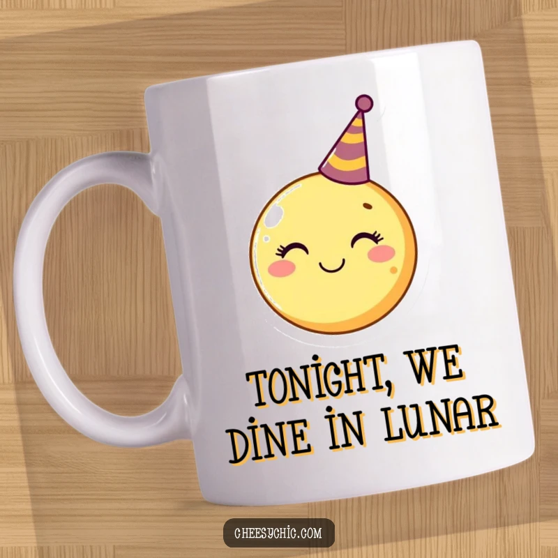 Funny Mug featuring a smiling moon with a tiny party hat, ready to celebrate and spread joy.
