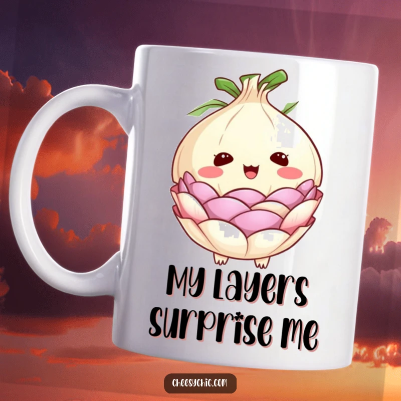 Funny mug featuring a cute anthropomorphic onion with its layers dramatically peeling back in an expression of utter surprise and shock.