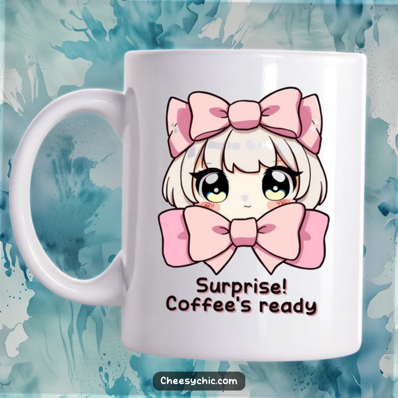 Funny mug of a character with wide, sparkling eyes peeking curiously from behind a large, decorative bow, full of innocent wonder.