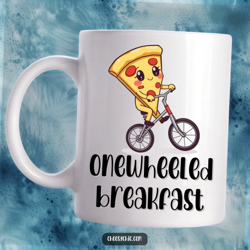 Funny mug with an adorable anthropomorphic pizza slice precariously balancing on a unicycle, showcasing culinary ambition.