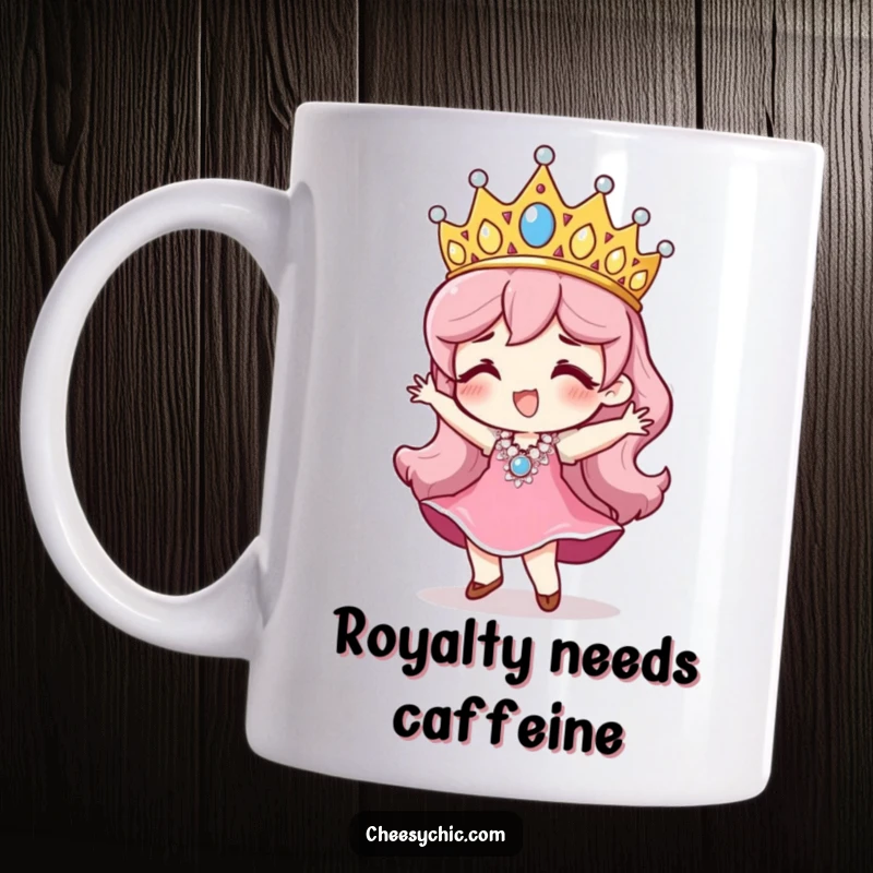 Funny mug showing a character with a huge, sparkly sequined tiara doing a happy little dance with infectious enthusiasm.