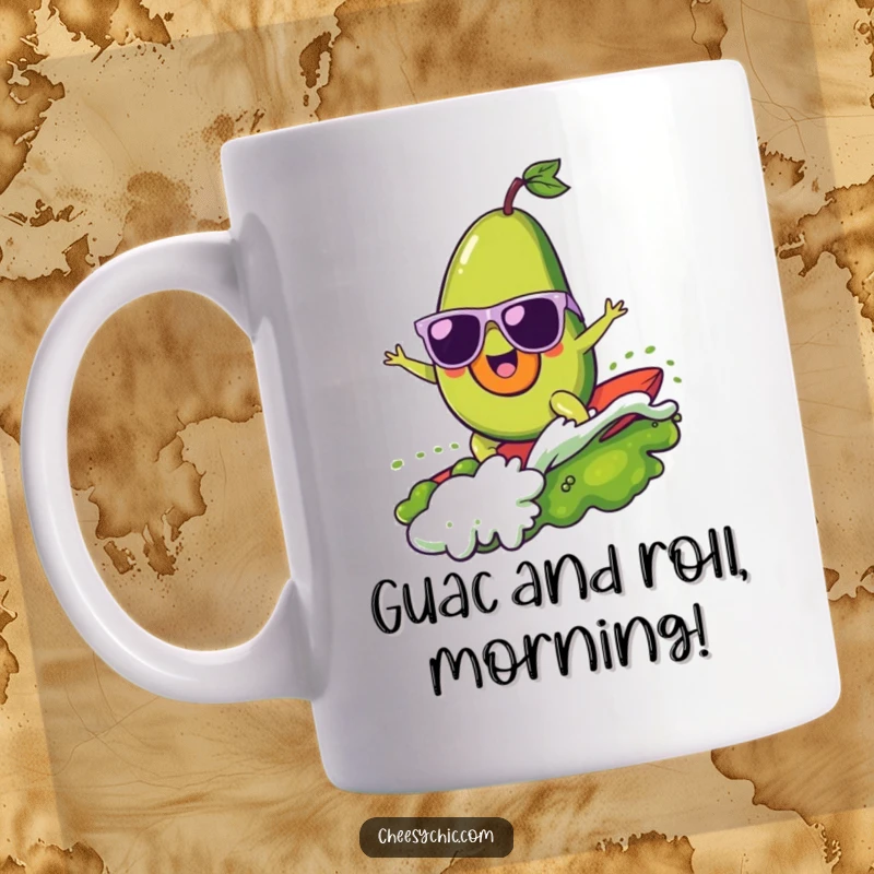Funny avocado mug design of a cheerful avocado wearing sunglasses surfing a guacamole wave, looking super cool and relaxed.