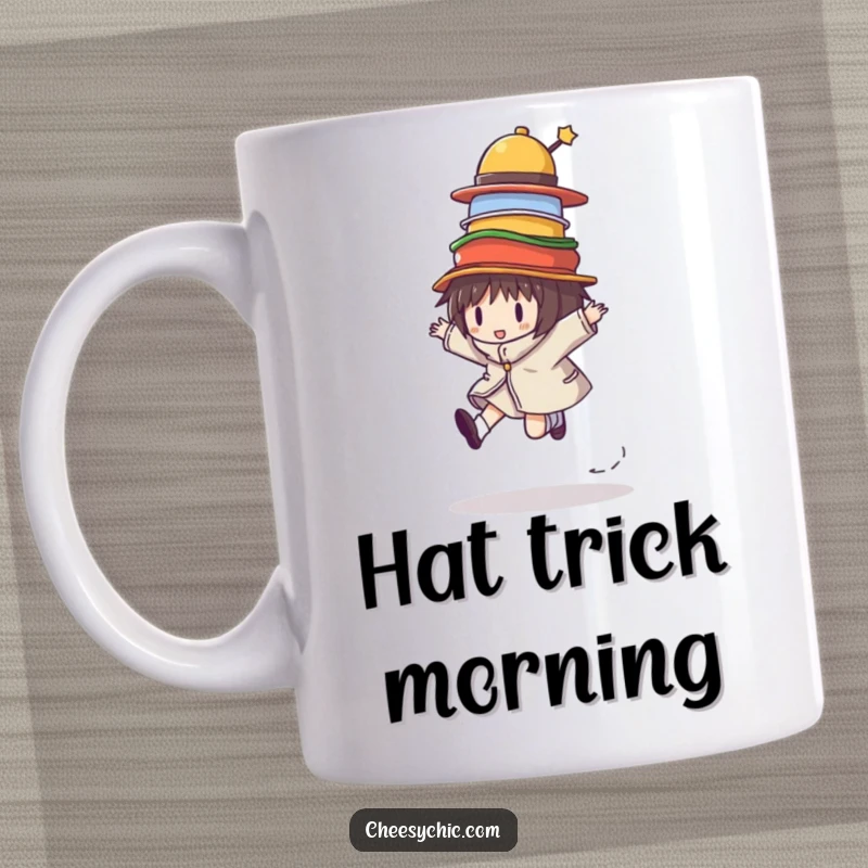 Funny mug featuring a character gleefully skipping, balancing a tall stack of colorful, precarious hats, embodying joy and mischief.