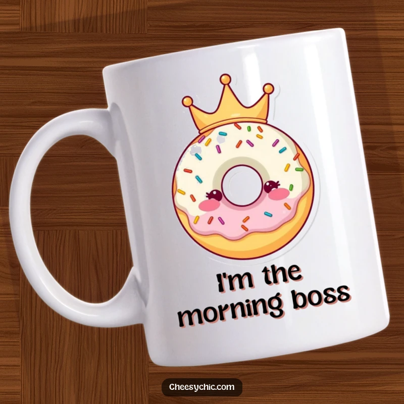 Funny Mug featuring a charming donut character wearing a sprinkle crown, exuding regal sweetness and humor.