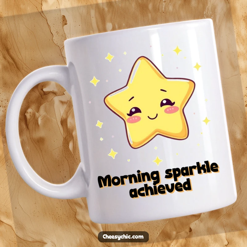 Funny Mug featuring a giggling star raining tiny sparkles, spreading cheer and celestial joy with a happy expression.